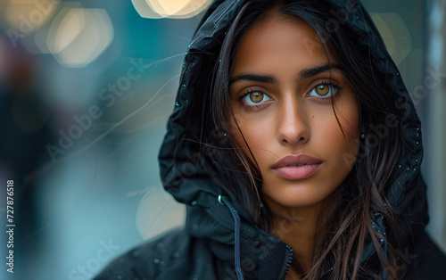 Multiracial Woman in Hooded Jacket Looking at the Camera