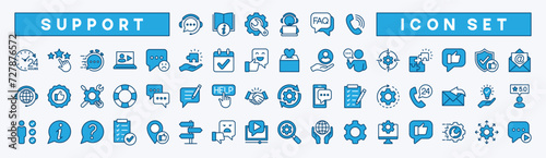 Customer service and support icon set. Containing assistance help satisfaction settings care solution chat call technical experience feedback problem-solving. Vector illustration