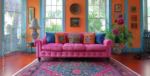 Interior of a living room with a pink sofa and colorful pillows