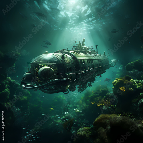 Submarine exploring the depths of an alien ocean © Cao