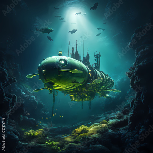 Submarine exploring the depths of an alien ocean © Cao