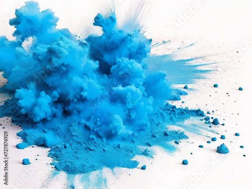 bright cyan blue holi paint color powder festival explosion burst isolated white background. industrial print concept background