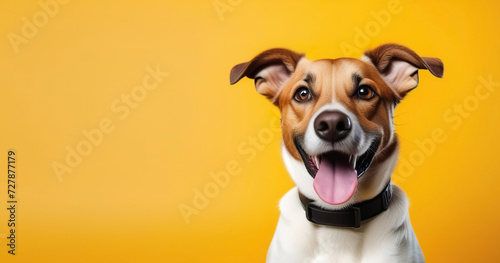 Funny dog on a bright yellow background, banner, place for text. Generated AI © Elena