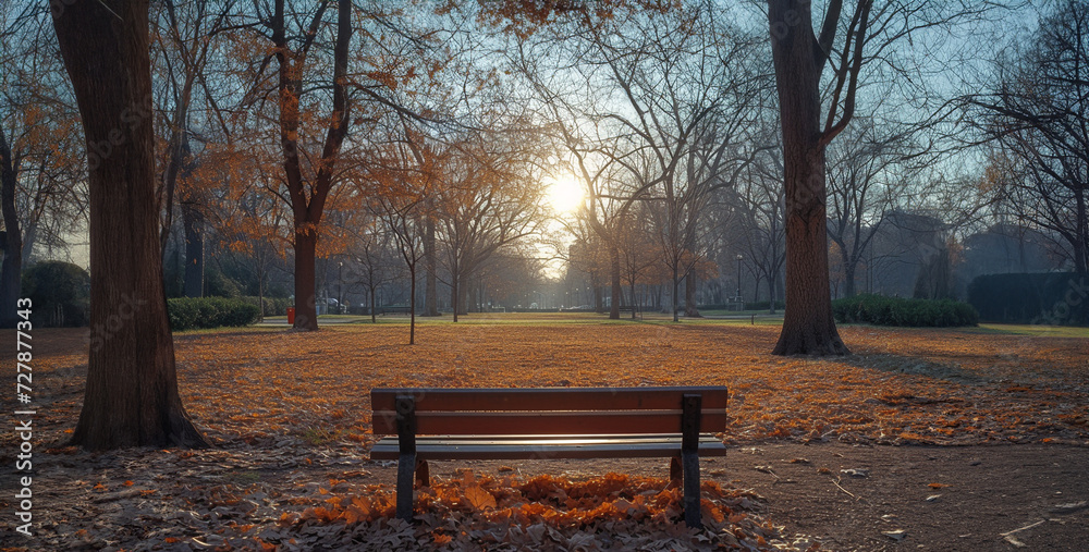 Bench in the park in autumn. Beautiful landscape with trees and grass,Bench in the park at sunset in autumn,