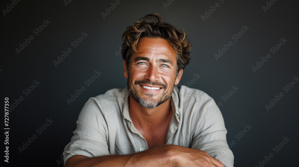  A confident and handsome man with a friendly smile, captured in a close-up portrait in a studio setting