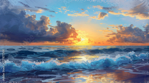 A painting of a sunset over the ocean with waves.