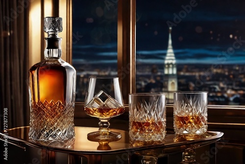 Whiskey glass jag decanter on wooden counter with view to night city