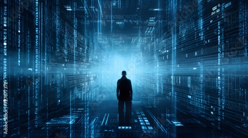 a man standing in a dark room filled with lots of data