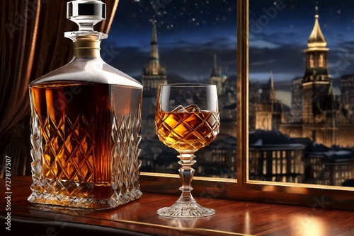 Whiskey glass jag decanter on wooden counter with view to night city