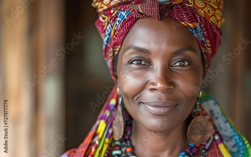 Multiracial Woman Wearing Colorful Head Scarf and Earrings