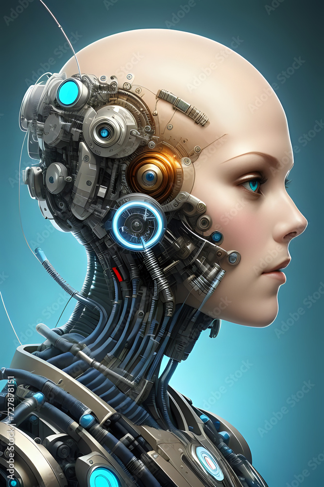 3D illustration of science fiction female humanoid cyborg lost in futuristic neon lit cyberpunk city. 3D illustration of science fiction female humanoid cyborg lost in futuristic neon lit cyberpunk city.