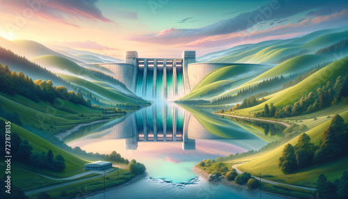 Tranquil hydroelectric dam in lush valley, harmonizing with nature. photo