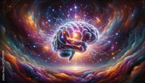 Cosmic Dreamscape: Hyper-realistic risk analysis brain in vibrant nebulae.
