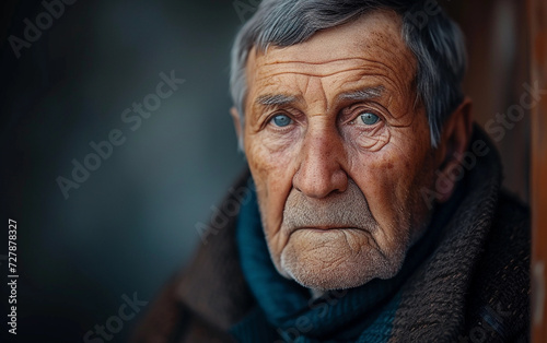 Portrait of an Old Man With Grey Hair and Blue Eyes