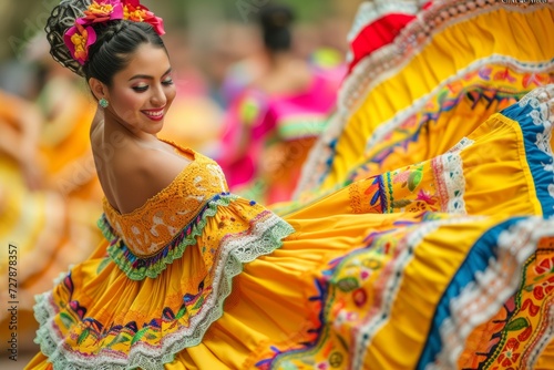 Photo of a cute Mexican woman dressed in traditional Mexican dancing dress