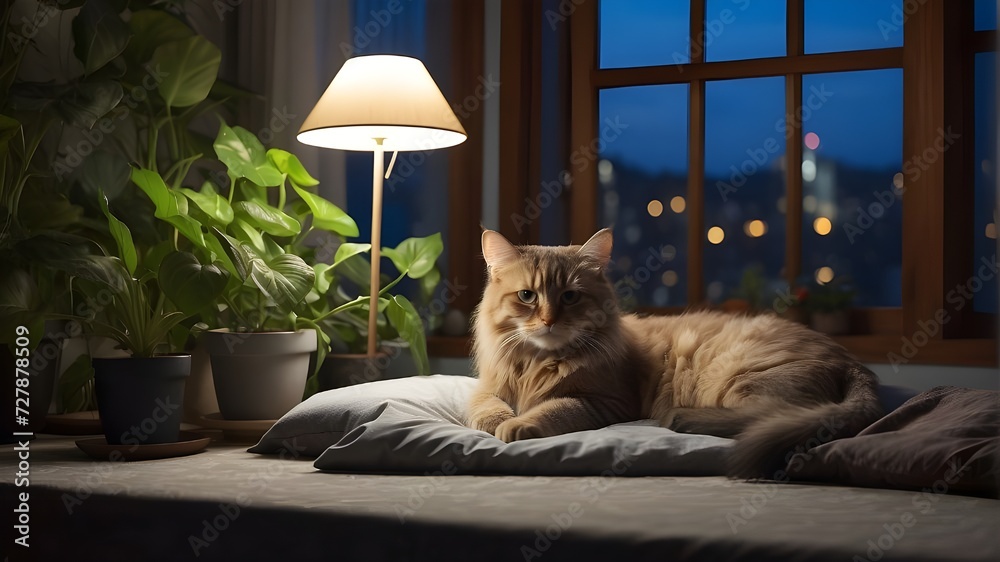 Lamp is on cat on sofa his back window and other lights 