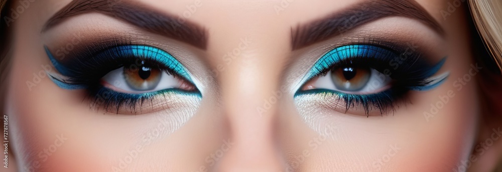 Close up view of female face with bright multicolored fashion makeup. Holi indian color festival inspired. Studio macro shot. Copy space Close up view of female face with bright multicolored fashion makeup. Holi indian color festival inspired. Studio macro shot. Copy space