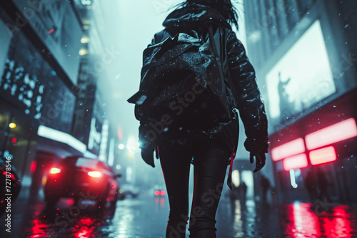 girl walking through the rainy evening city