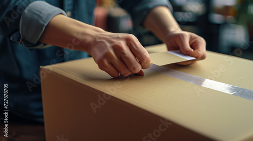 person in the process of sealing a cardboard box with adhesive tape