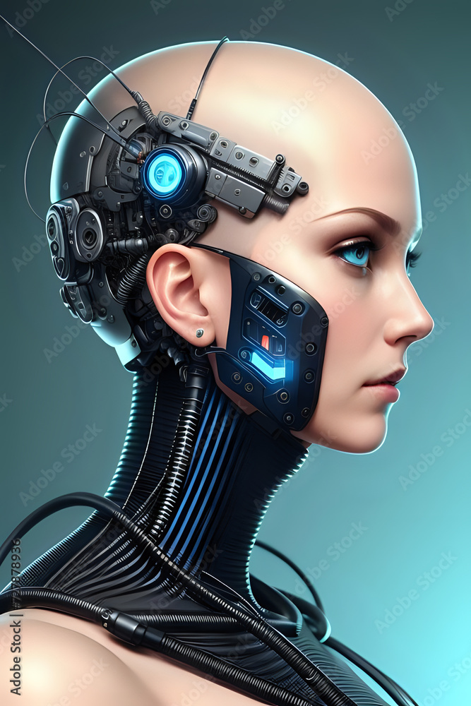3D illustration of science fiction female humanoid cyborg lost in futuristic neon lit cyberpunk city. 3D illustration of science fiction female humanoid cyborg lost in futuristic neon lit cyberpunk city.