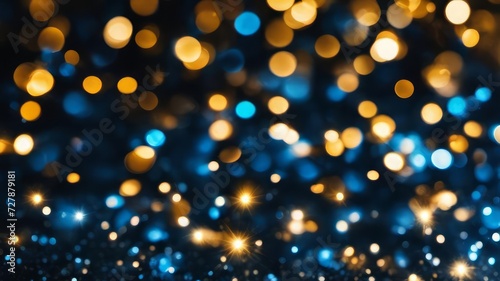 De focused blue gold background of abstract glitter lights. 
