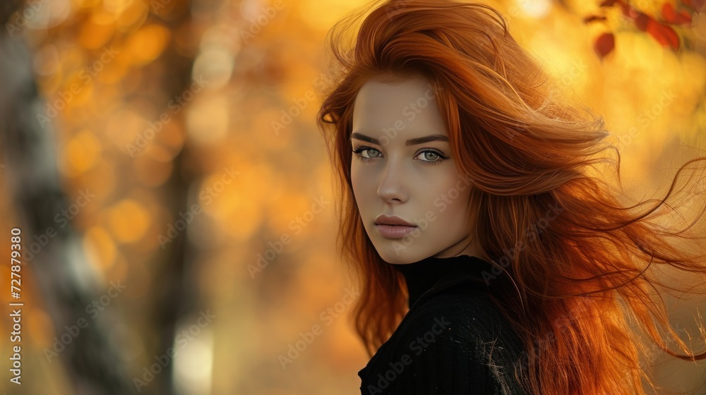 Fototapeta premium View of model face of beautiful woman with long hair in park AI generated image