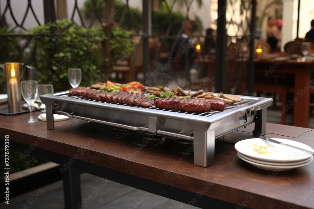 Argentinian parilla grill with meat on the balcony Argentinian parilla grill with meat on the balcony