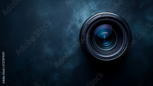 Close-up view of a camera lens isolated on a sleek black background, highlighting the intricate details of photography equipment and technology