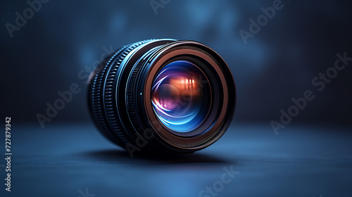 Close-up view of a camera lens isolated on a sleek black background, highlighting the intricate details of photography equipment and technology