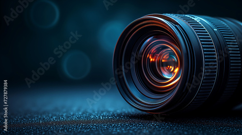 Close-up view of a camera lens isolated on a sleek black background, highlighting the intricate details of photography equipment and technology