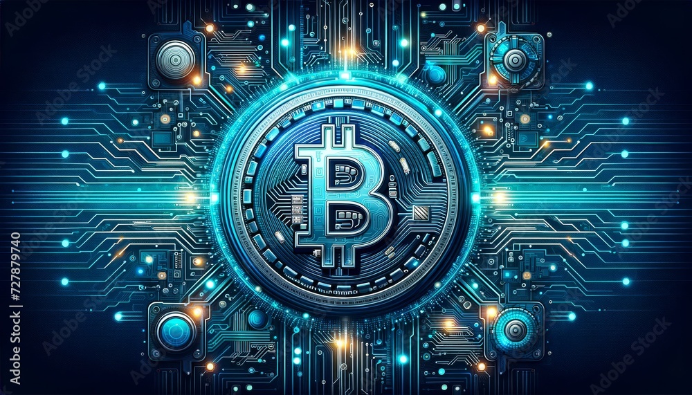 a futuristic, digital circuit board with glowing neon lines, integrated with a stylized Bitcoin symbol at the center a futuristic, digital circuit board with glowing neon lines, integrated with a stylized Bitcoin symbol at the center
