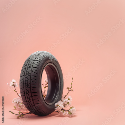 Car tyre decorated with white spring blossom branches and lace isolated on a pinkish-orange background with copy space.
