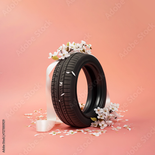 Car tyre decorated with white spring blossom branches and satin ribbon isolated on a pinkish-orange background with copy space.