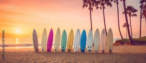 Surfboards on the beach at sunset. Vacation concept. Surfboards on the beach. Vacation Concept with Copy Space.