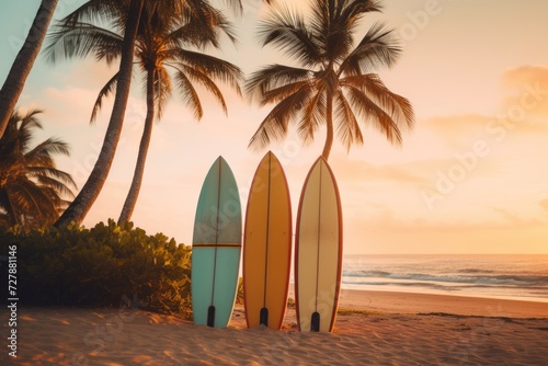 Surfboards on the beach with palm trees in the background. Surfboards on the beach. Vacation Concept with Copy Space.
