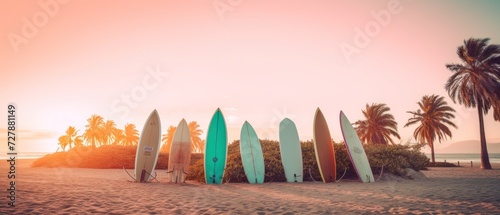 Surfboards on the beach at sunset. Vintage filter applied. Surfboards on the beach. Vacation Concept with Copy Space.