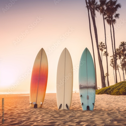 Surfboards on the beach with palm trees at sunset. Vintage tone. Surfboards on the beach. Vacation Concept with Copy Space.