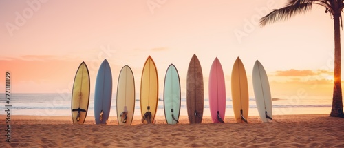 Surfboards on the beach. Surfboards on the beach. Vacation Concept with Copy Space.