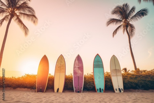 Surfboard on the beach with palm trees - vintage filter effect. Surfboards on the beach. Vacation Concept with Copy Space.