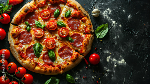 Top view of sausage pizza with tomato red bell pepper and cheese, copy space of pepperoni Pizza Background Images, AI generated