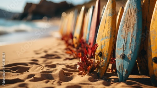 Row of colorful surfboards on the sandy beach by the sea. Surfboards on the beach. Vacation Concept with Copy Space.