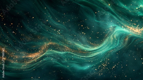 Glowing emerald swirls merging with golden sparks on a midnight canvas. 