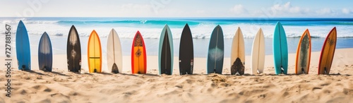 Surfboards on the beach in Hawaii. Panoramic banner. Surfboards on the beach. Vacation Concept with Copy Space.