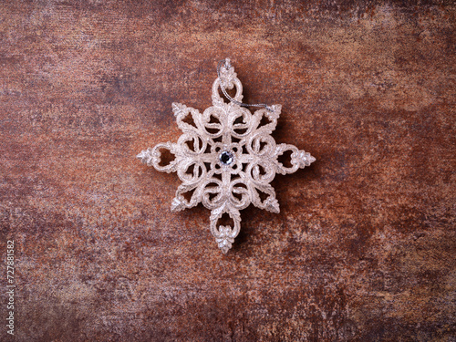 Christmas decoration on rustic stone background. Soft focus. Top view. Copy space. 