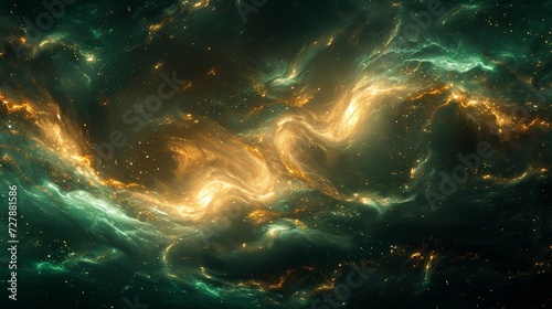 Glowing emerald swirls merging with golden sparks on a midnight canvas. 