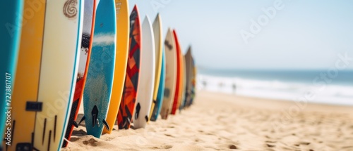 Surfboards on the beach. Surfboards on the beach. Vacation Concept with Copy Space.