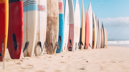 Surfboards on the beach. Surfboards on the beach. Vacation Concept with Copy Space.