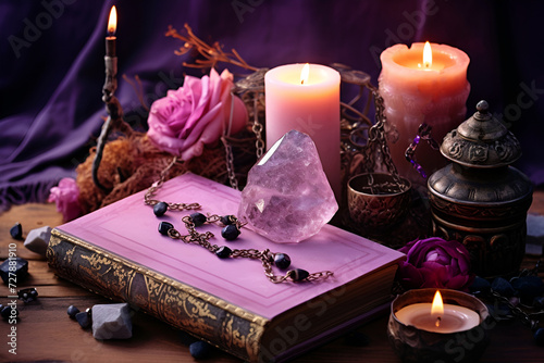 Magic still life with quartz crystal and pink candle. Magic rocks for mystic ritual, witchcraft Wiccan or spiritual practice. Meditation reiki. Ritual for love. Generated ai photo