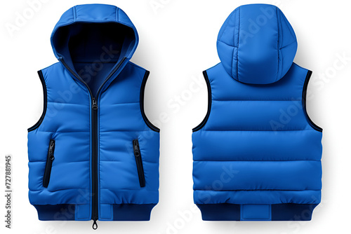 Fashion blue downy waistcoat, insulated vest with hood, mockup on white background. Space for design, print and showcasing. Generate Ai. photo