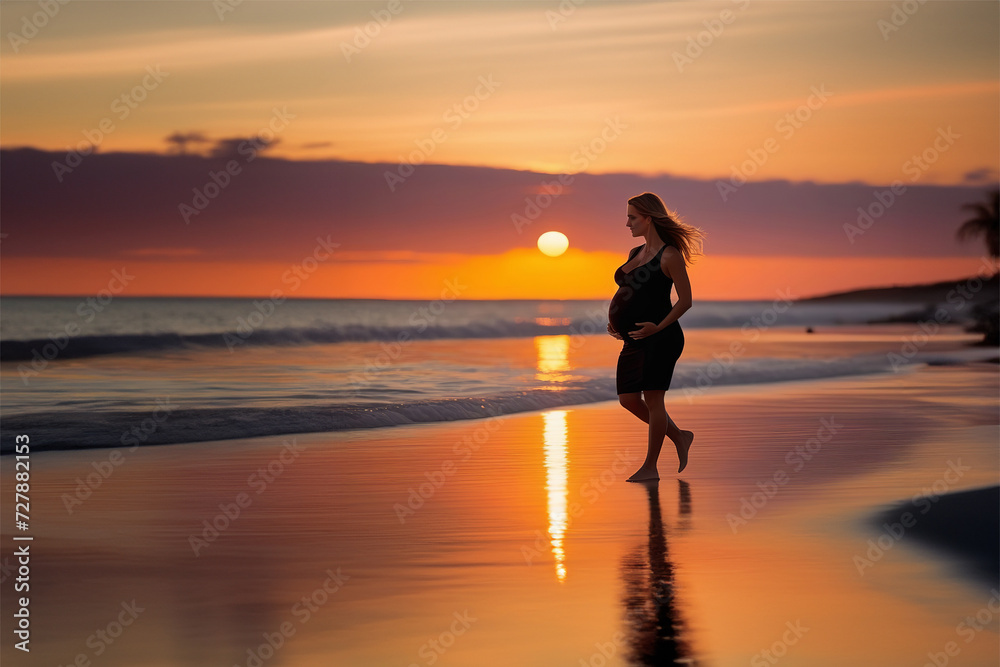Pregnant woman on the beach at sunset. Beautiful pregnant woman in blue dress is walking on the beach during sunset